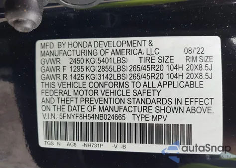 2022 Honda Passport Awd Ex-L z USA, uszkodzony, nr VIN 5FNYF8H54NB024665